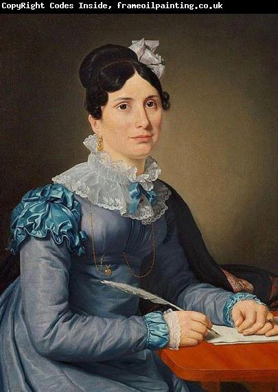 Christoffer Wilhelm Eckersberg Portrat af Sarah Wolff f. Cruttendon siddende i bla kjole, skrivende et brev